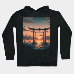 A Japanese Tori Gate view during Sunset - Anime Drawing Hoodie